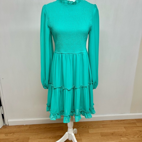 She + Sky Dresses & Skirts - SHE&SKY Smocked Long-Sleeve Tiered Dress in turquoise Size M
